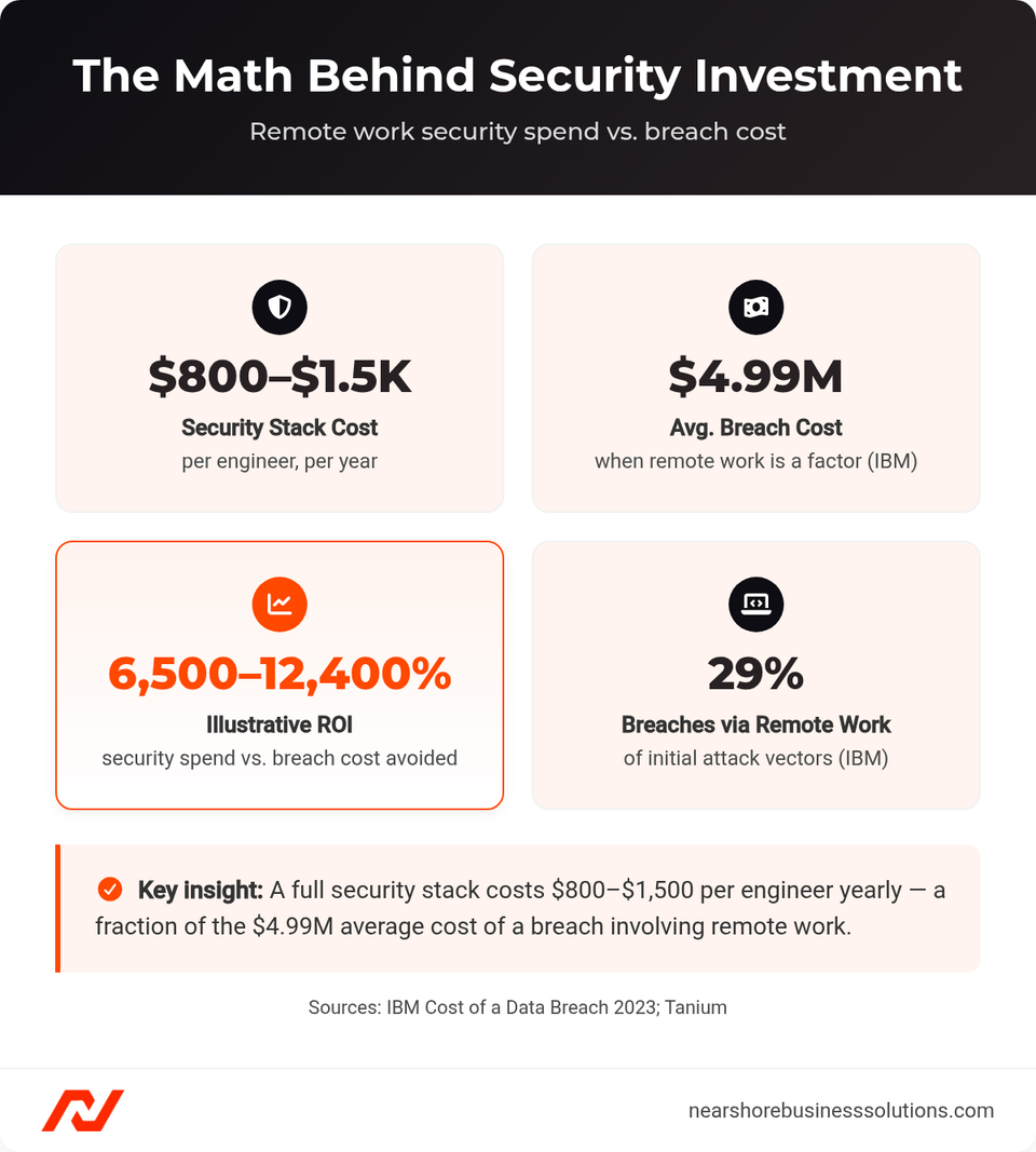 Stats dashboard showing $800-$1,500 per engineer security stack cost versus $4.99M average breach cost, 6,500-12,400% illustrative ROI, and 29% of breaches via remote work